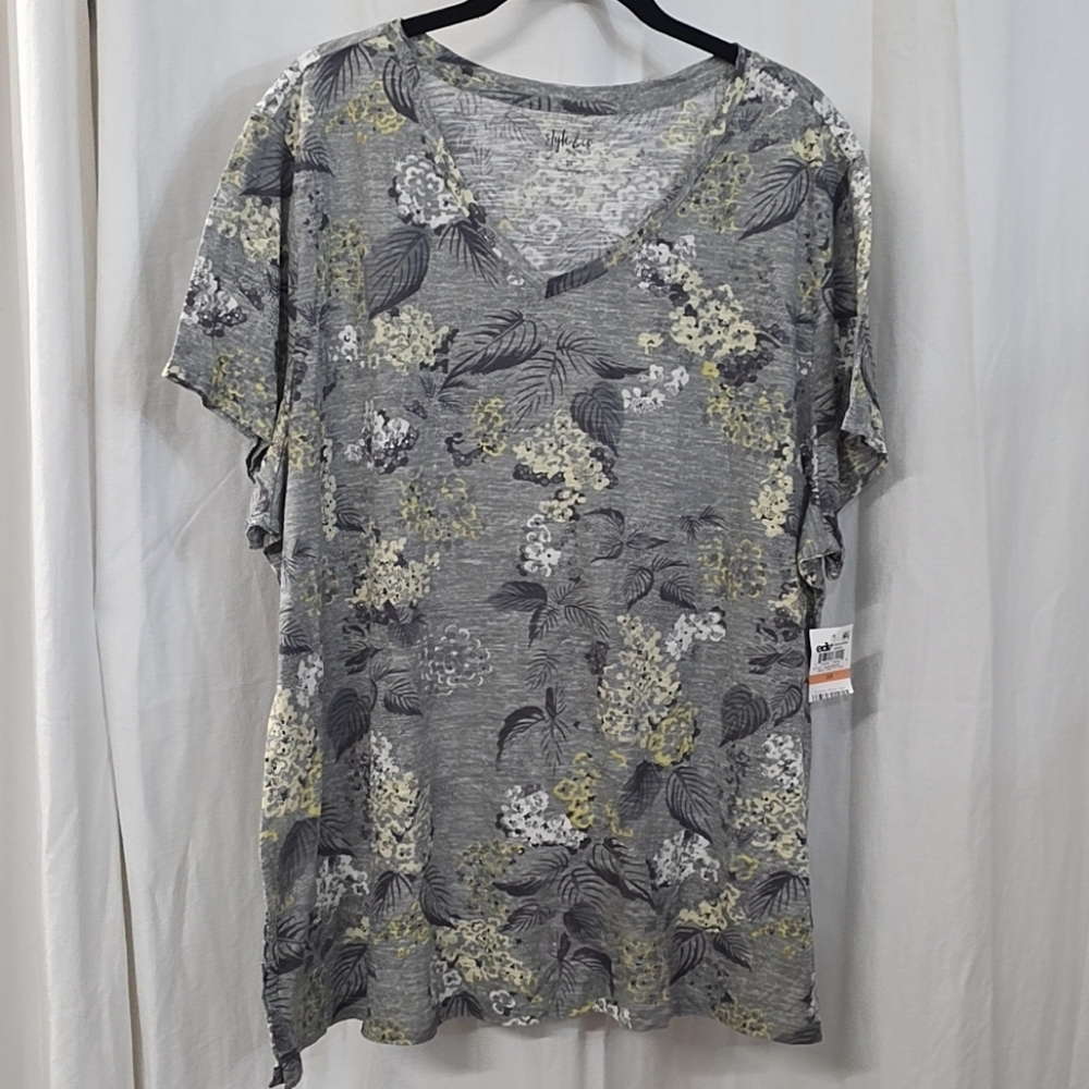 1X 3X Style & Co Casual V Neck Grey Buttercream Yellow Floral Boho T Shirt Top